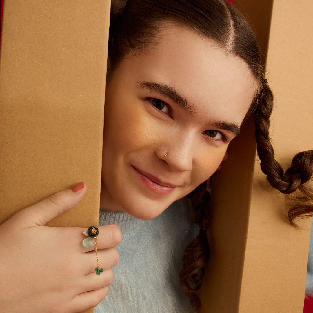 ＜Selieu＞Chain Ring Stone 4/深綠色＆白色