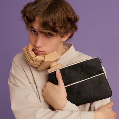 超輕量Dyneema皮革 雙拉錬收納包LL/黑色X象牙白